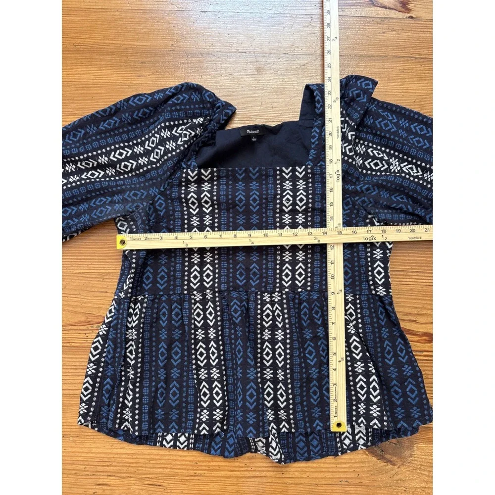 Madewell Peplum Top Women Blue‎ Geometric Boho Square Neck Puff Sleeve SIZE L